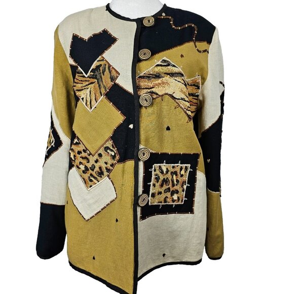 VTG Grandmacore Patchwork Retro Bold Abstract Cheetah Gold Black Cardigan S - Picture 1 of 15